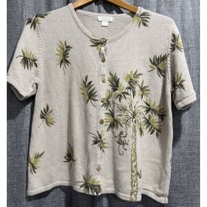Christopher & Banks Vintage Cardigan Sweater Women XL Palm Tree Monkey '03 Linen